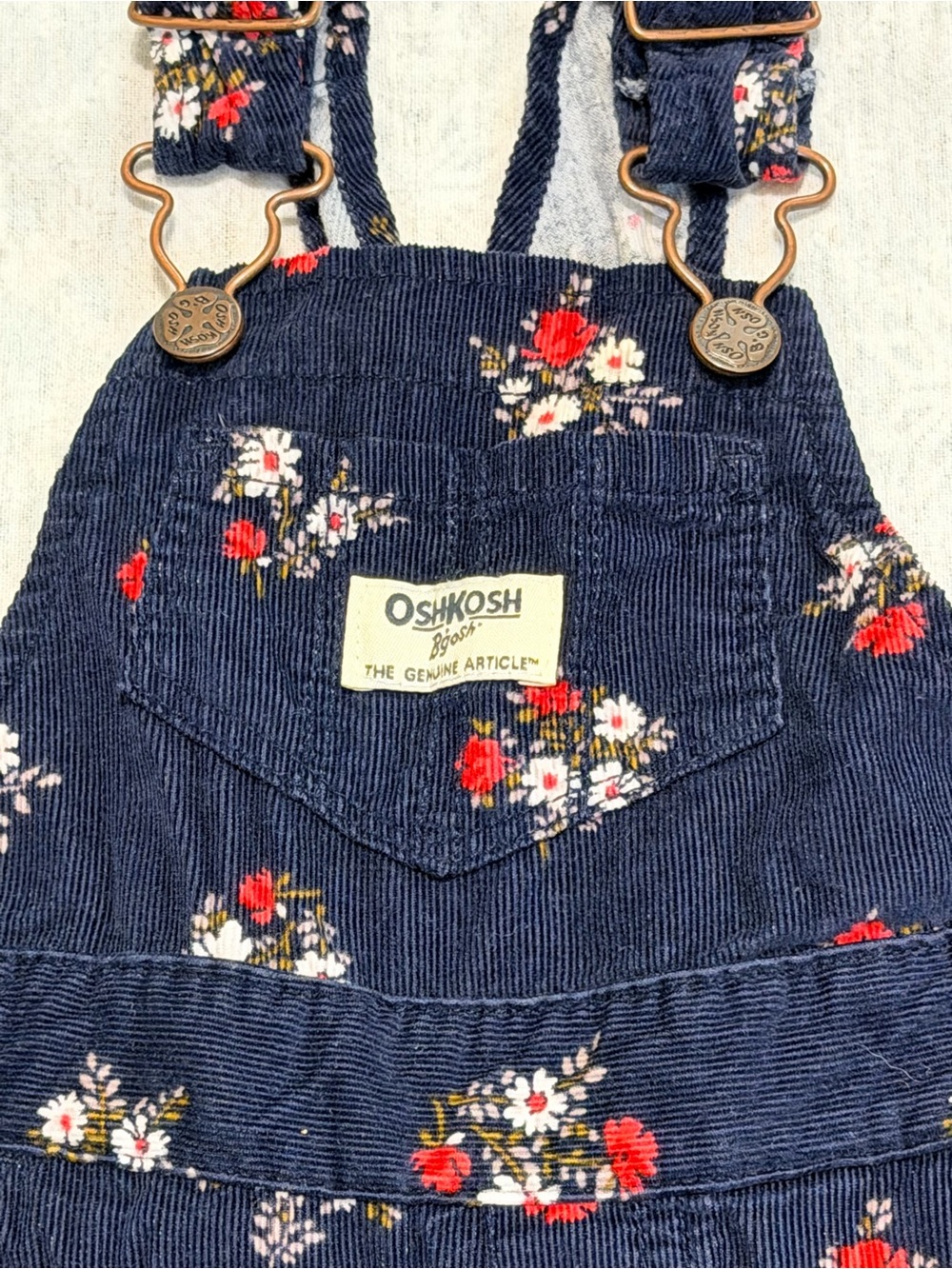 OshKosh B’gosh 9M Floral Corduroy Overalls Navy Snap Leg Baby Girls EUC - Picture 2 of 10
